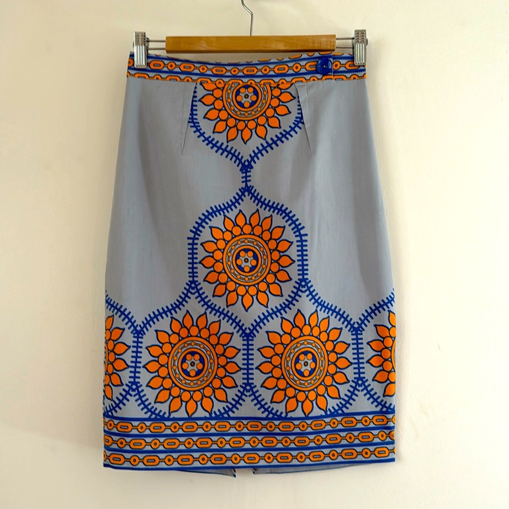 Anthropologie Plenty by Tracy Reece orange & blue mandala pencil skirt, Size 2.